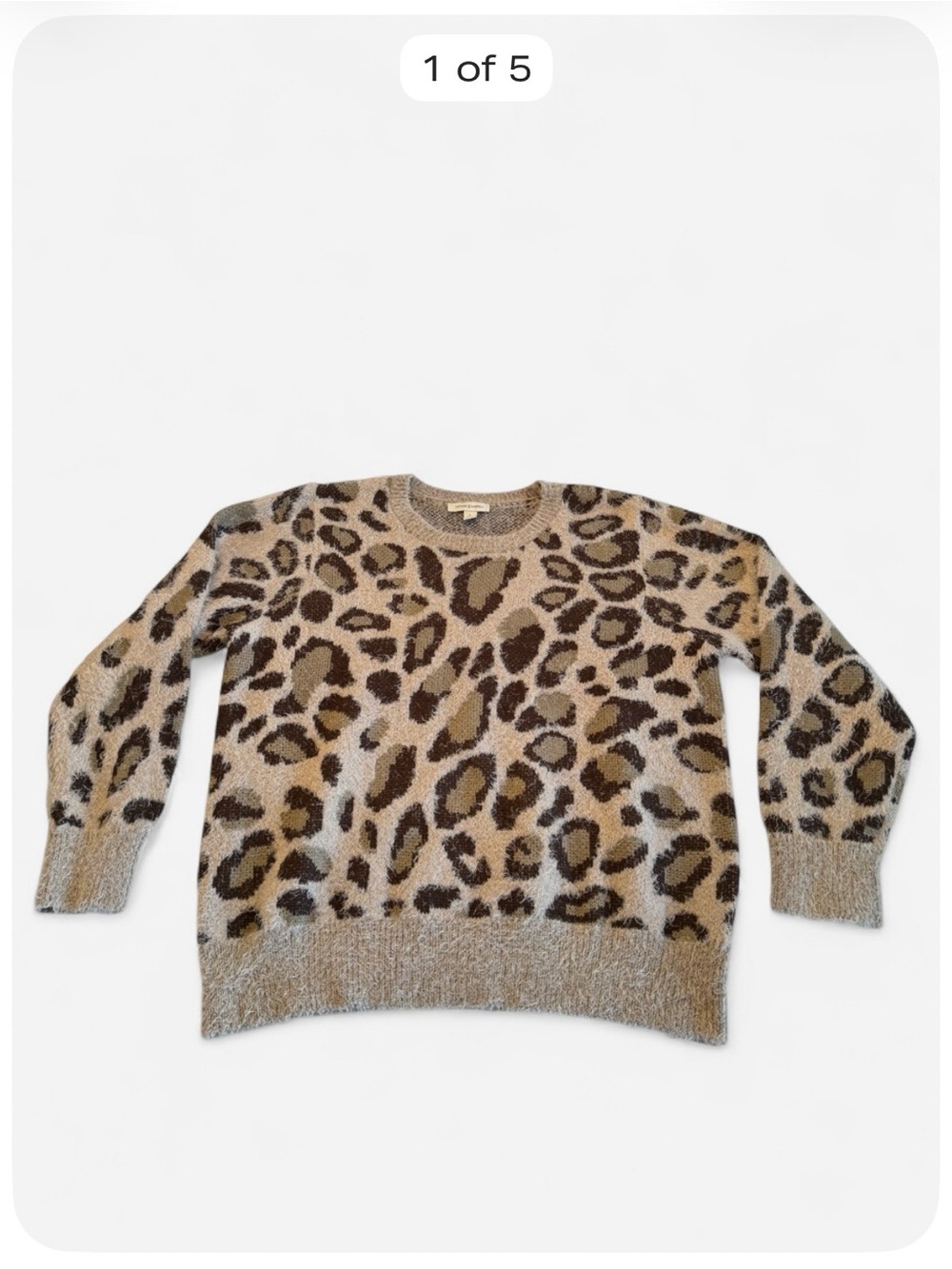 Vintage America Women’s Large Fuzzy Leopard Print Sweater Beige Brown